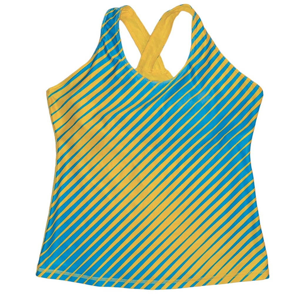 Nike L Fit Dry Compression Tank Top Crossover Straps Yellow Blue Diagonal Stripe